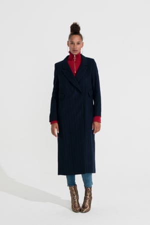Long dark blue coat H&M, red zip up jumper Zara, blue jeans Gap, metallic patterned boots Dune
