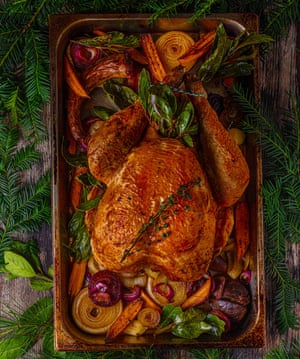 Roast turkey, chestnut and sausage stuffing, and gravy