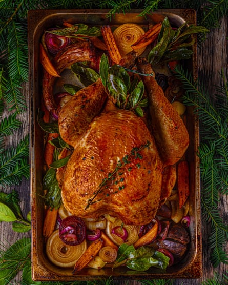 Perfect roast turkey by Lindsey Bareham. Observer Food Monthly 20 best easy Christmas recipes. . Food styling. Henrietta Clancy
