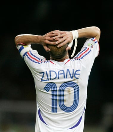 Zidane reacts after his header was saved by Gianluigi Buffon.