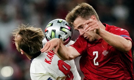 Joachim Andersen challenges Harry Kane during Denmark’s Euro 2020 semi-final defeat by England.