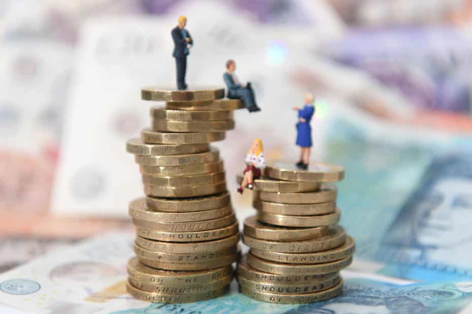 Photo-illustration of women and women figurines sitting on a stack of money
