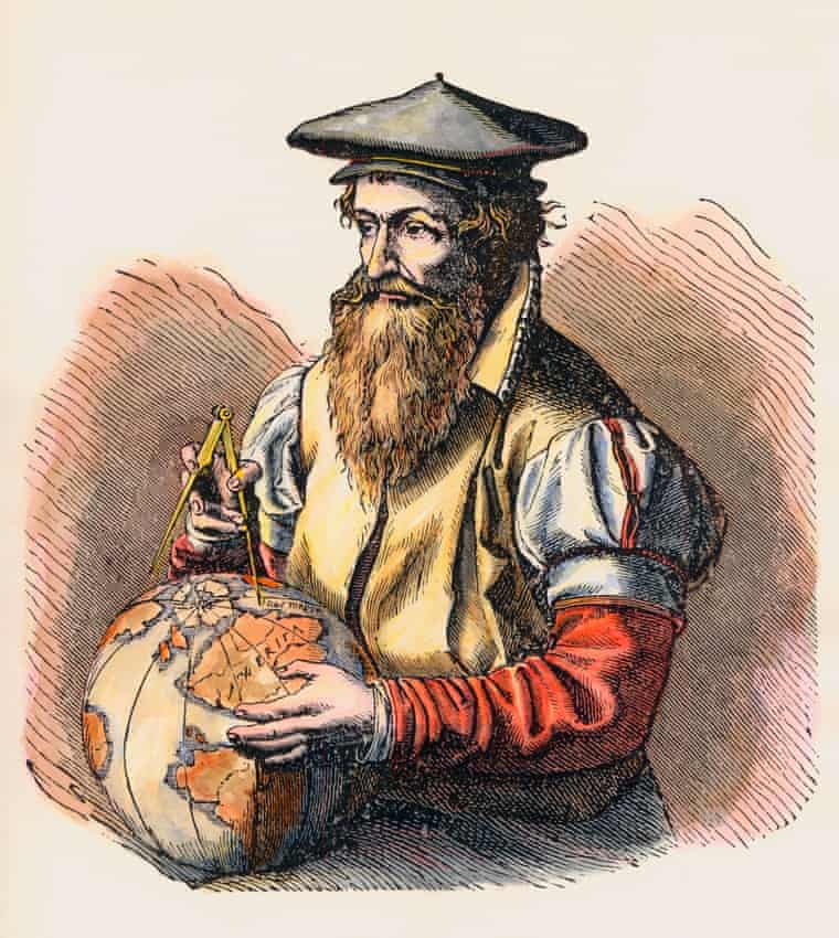 Drawing of Mercator with a globe and compass in his hands. He wears a beret-style hat and has a long reddish beard.