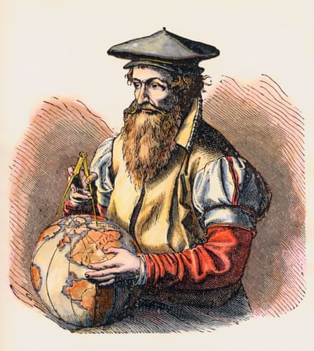 Drawing of Mercator with a globe and compass in his hands. He wears a beret-style hat and has a long reddish beard.