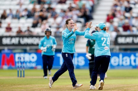 England's Mady Villiers celebrates with Charlie Dean after taking the wicket of Ireland's Orla Prendergast.