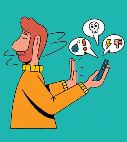 Man turning away from bad content on phone