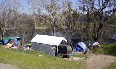 A variety of shelters make up the Island along the American River Parkway in Sacramento, California.