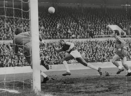 Clyde Best scores a header in West Ham’s 2-1 victory over Crystal Palace in 1969
