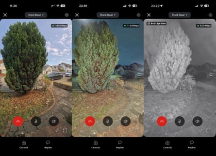 Screenshots from the Ring app showing the daylight, middling light and night-time view from the camera.