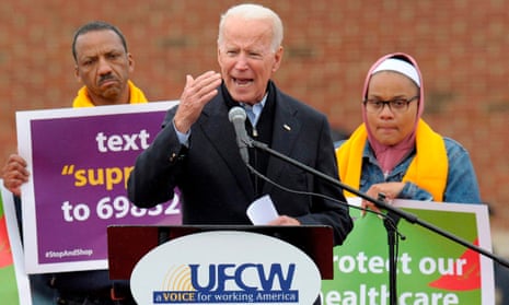 Joe Biden speaks at the Stop &amp; Shop in Dorchester, Massachusetts on 18 April.