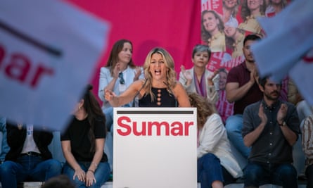 The Minister of Labor Yolanda Diaz speaks during the campaign of the Sumar coalition. The Spanish party Sumar has started the campaign ahead of the European elections on June 9.
