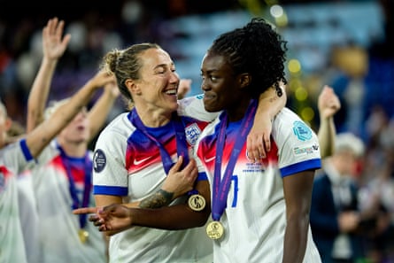 Lucy Bronze and Michelle Agyemang, celebrating after the final, were two of England’s strongest performers.