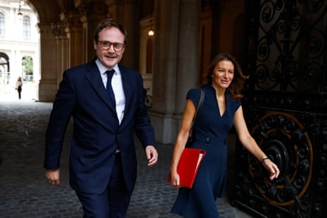 Tom Tugendhat, the security minister, and Lucy Frazer, the culture secretary, arriving for cabinet.