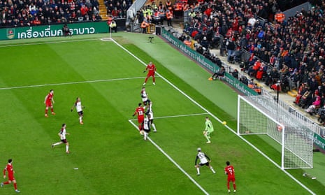 Cody Gakpo of Liverpool scores his side’s second goal during the Carabao Cup semi-final first leg match between Liverpool and Fulham.