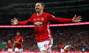 Zlatan Ibrahimovic wheels away after scoring Manchester United’s late winner in the EFL Cup final at Wembley.