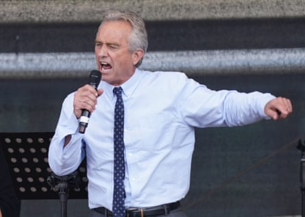 Robert F Kennedy Jr speaks during a protest against coronavirus-related restrictions in Berlin on 29 August 2020.