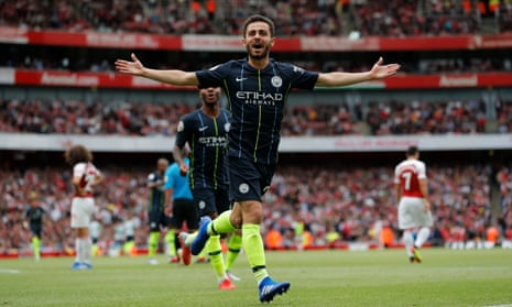 Bernardo Silva wheels away after doubling Manchester City’s lead.