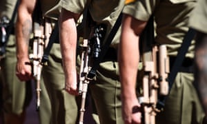 Australian defence force veterans and active servicemen and women in an Anzac Day march in Brisbane in 2017.