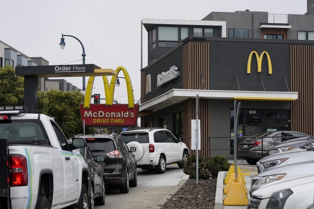 A line of cars at a McDonald’s drive-through.