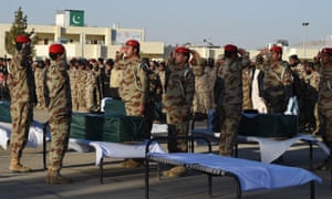 Pakistani paramilitary soldiers last month salute the coffins of colleagues killed in a roadside blast in Quetta, the capital of Balochistan province
