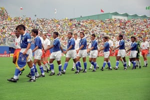 Brazil and Holland teams take to the pitch for their quarter-final match at the  1994 World Cup at the Cotton Bowl, Dallas