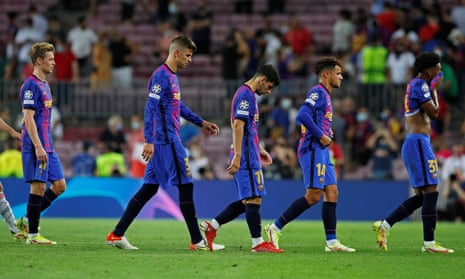 Dejected Barcelona players get their trudge on after losing to Bayern again.