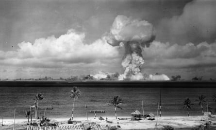 A mushroom cloud forms after an atomic bomb test explosion off the coast of Bikini Atoll, Marshall Islands.