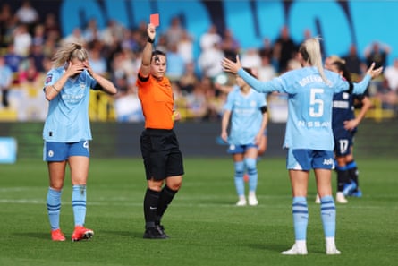 Emily Heaslip sends off Manchester City’s Alex Greenwood in 2023.