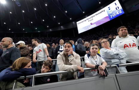 Spurs fans in the South Stand looking glum as VAR checks a possible penalty for Leeds, which was given, in a match on 11 May 2026.