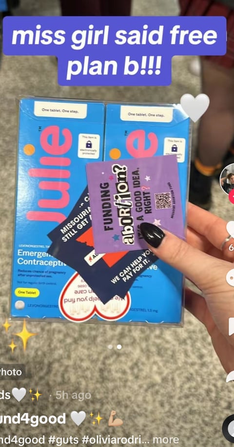 hand holding colorful packets that say ‘julie emergency contraceptive’. a caption at the top says ‘miss girl said free plan b!!!’
