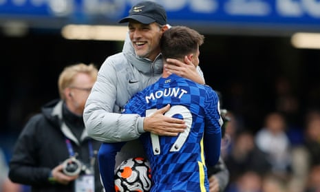 The Chelsea manager, Thomas Tuchel, embraces Mason Mount after their 7-0 defeat of Norwich