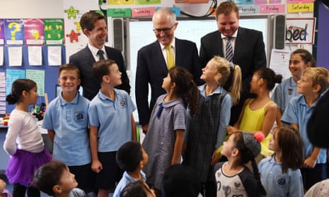 The prime minister Malcolm Turnbull (centre),  Simon Birmingham (left) and MP Craig Laundy at Strathfield North Public School in Sydney