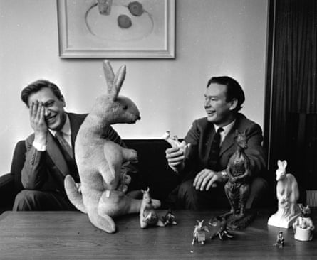 Attenborough with Michael Peacock, BBC crontoller, and soft toy versions of Hullabaloo and Custard, the kangaroo mascots used as logos for the launch of BBC2.