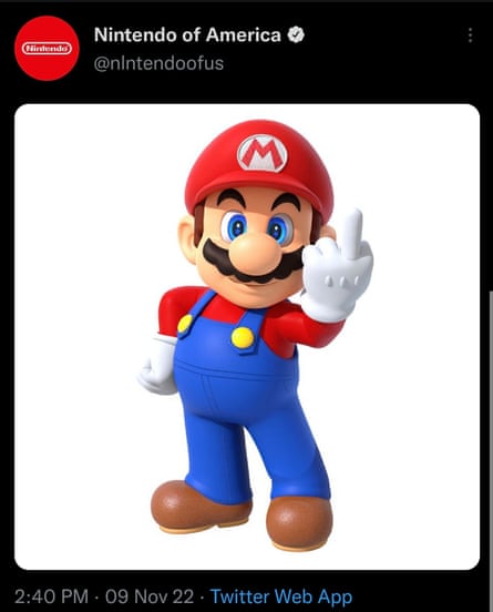 A fake Nintendo Twitter account showing Mario flipping the bird