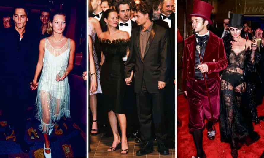 L to R: Moss in 1998 with Johnny Depp; in Cannes with Depp the same year; New York, 1997.