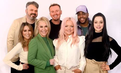 S Club 7 pictured at the announcement of their tour in February 2023 … (L-R back row) Paul Cattermole, Jon Lee, Bradley McIntosh; (front row) Rachel Stevens, Jo O’Meara, Hannah Spearritt and Tina Barrett.
