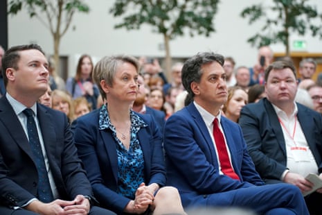 Yvette Cooper with Wes Streeting (L) and Ed Miliband listening to Keir Starmer’s speech at the Co-operative Group HQ in Manchester today.