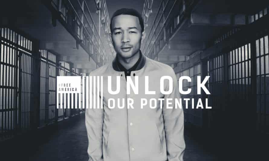 A black-and-white image of a man in a prison environment with the words “Unlock our potential” over it.