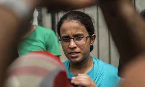 Egyptian student Mariam Malak, 19, talks to the media outside the Forensic Medical Authority headquarters in Cairo.
