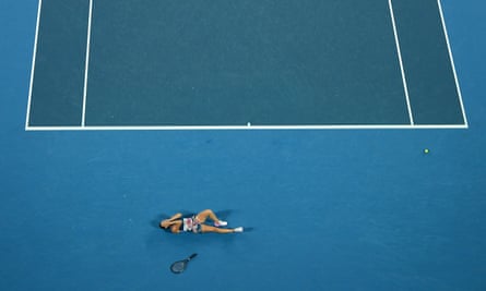 Aryna Sabalenka after winning the championship point in the Australian Open women’s singles final match against Elena Rybakina at Melbourne Park