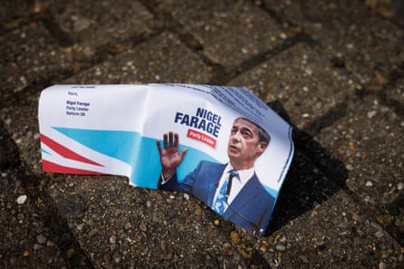 Discarded Nigel Farage election material next to a bin in the town centre, 18 June 2024 ,in Clacton-on-Sea.