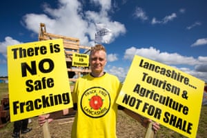 A protestor against fracking at a farm site at Little Plumpton near Blackpool, Lancashire, UK