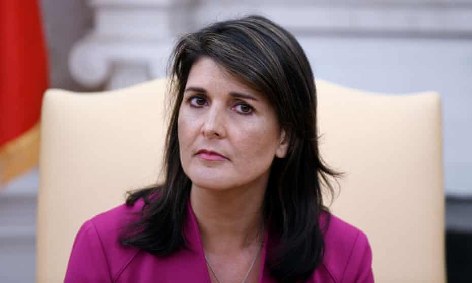 US-POLITICS-DIPLOMACY-UN-TRUMP<br>Nikki Haley, the United States Ambassador to the United Nations looks on during a meeting with US President Donald Trump speaks in the Oval office of the White House October 9, 2018 in Washington, DC. - Nikki Haley resigned Tuesday as the US ambassador to the United Nations, in the latest departure from President Donald Trump’s national security team. Meeting Haley in the Oval Office, Trump said that Haley had done a “fantastic job” and would leave at the end of the year. (Photo by Olivier Douliery / AFP)OLIVIER DOULIERY/AFP/Getty Images