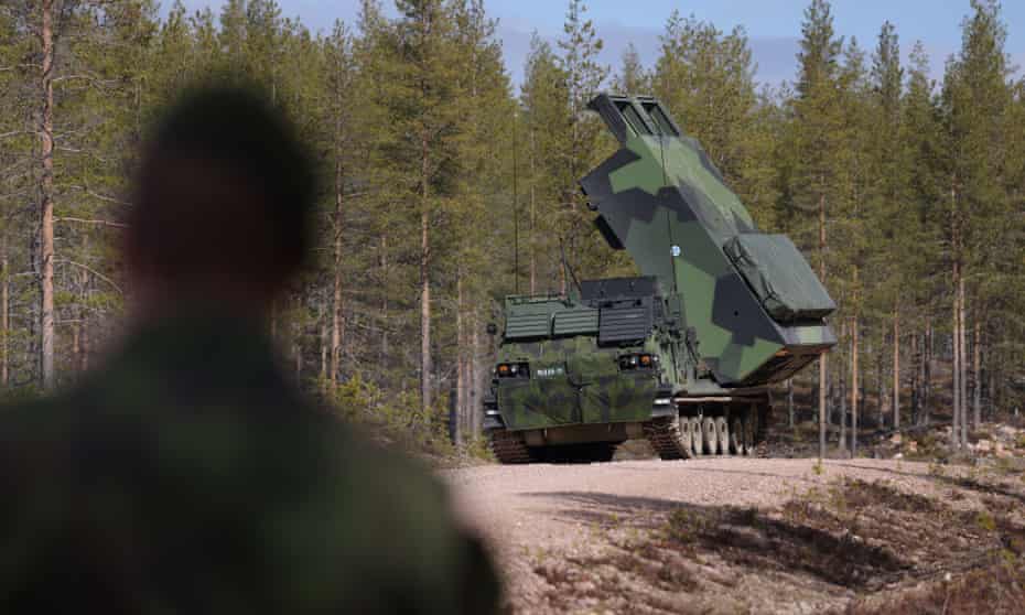 An M270 MLRS heavy rocket launcher participates in the LIST 22 live-fire Lightning Strike military exercises at the Rovajärvi training grounds on May 23, 2022 near Rovaniemi, Finland.
