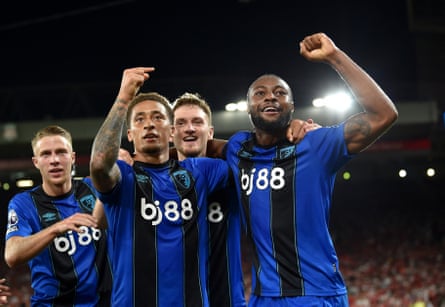 Antoine Semenyo celebrates scoring against Liverpool with his Bournemouth teammates.