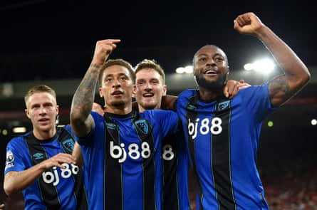 Marcus Tavernier congratulates Antoine Semenyo on scoring Bournemouth’s equaliser at Liverpool