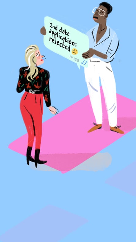 Illustration of woman looking at a man holding oversized text message saying “2nd date application rejected”