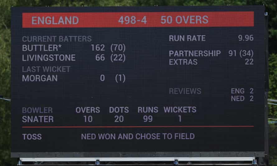 The scoreboard shows Englands new World Record total for a 50 over International match of 498-4.