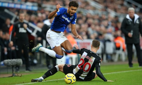 Dominic Calvert-Lewin of Everton is fouled by Florian Lejeune of Newcastle United.