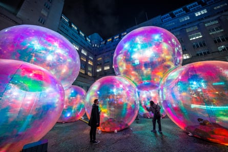 Giant bubbles in a street during Liverpool’s River of Light.